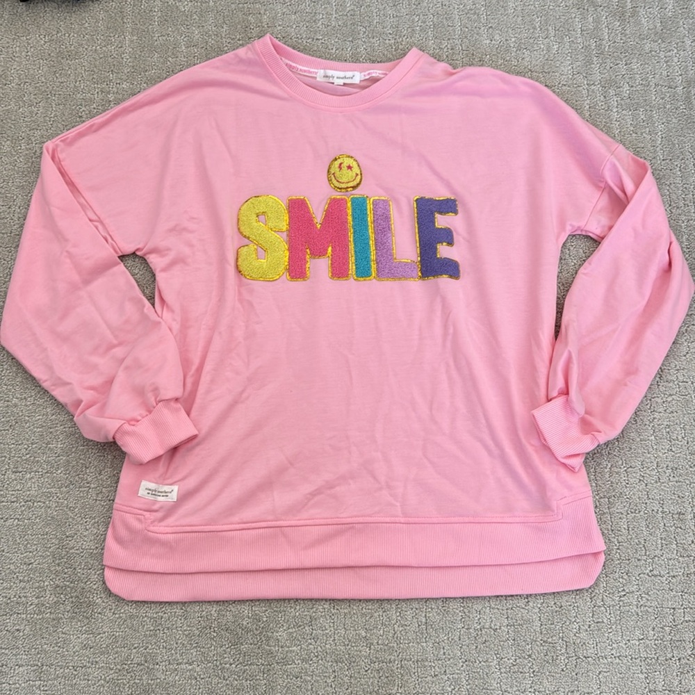 Simply southern “Smile” graphic long sleeve appliqué pink Stoney clover tee